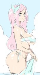 Rule 34 | ass, bikini, blush, breasts, curvy, fluttershy, highres, large breasts, long hair, looking at viewer, maniacpaint, my little pony, my little pony: friendship is magic, pink hair, simple background, swimsuit
