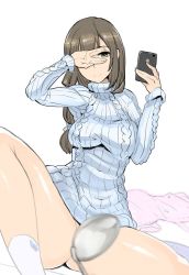 Rule 34 | 1girl, apron, brown eyes, brown hair, cellphone, convenient censoring, covering own eyes, ladle, long hair, looking at viewer, no panties, original, phone, shoohee, simple background, sitting, smartphone, smile, socks, solo, sweater, v, white background
