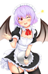 Rule 34 | 1girl, alternate costume, apron, bat wings, black dress, black thighhighs, breasts, cleavage, commentary request, cowboy shot, daichi (tokoya), dress, enmaided, hair between eyes, hand up, highres, holding, holding tray, light purple hair, looking at viewer, maid, maid apron, maid headdress, neck ribbon, one eye closed, open mouth, petticoat, puffy short sleeves, puffy sleeves, red eyes, red ribbon, remilia scarlet, ribbon, short dress, short hair, short sleeves, simple background, small breasts, solo, standing, star (symbol), sweat, thighhighs, thighs, touhou, tray, wavy mouth, white apron, white background, wings, wrist cuffs, zettai ryouiki