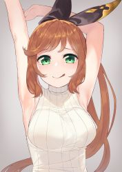 Rule 34 | 10s, 1girl, :q, armpits, arms up, bare arms, black ribbon, blush, bow, breasts, brown hair, casual, clarisse (granblue fantasy), gloves, granblue fantasy, green eyes, grey background, hair ribbon, highres, large breasts, long hair, looking at viewer, ponytail, ribbed sweater, ribbon, skin tight, sleeveless, sleeveless turtleneck, smile, solo, sweater, tofu1601, tongue, tongue out, turtleneck, upper body, white sweater