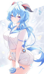 Rule 34 | 1girl, ahoge, alternate costume, ass, blue hair, blue sailor collar, blush, breasts, cowboy shot, crop top, crop top overhang, crossed bangs, ganyu (genshin impact), genshin impact, goat horns, hair between eyes, hand fan, highres, holding, holding fan, horns, infinity (kkx132), large breasts, lifted by self, long hair, looking at viewer, low ponytail, midriff, navel, parted lips, purple eyes, sailor collar, shirt, short shorts, short sleeves, shorts, shorts lift, solo, thighs, white background, white shirt, white shorts