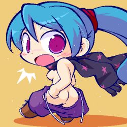 Rule 34 | 1girl, 7th dragon, 7th dragon (series), ass, blue hair, blush, breasts, chibi, female focus, long hair, looking back, lowres, nipples, open mouth, ponytail, purple eyes, rogue (7th dragon), scarf, shinogo~, simple background, solo, surprised