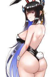 Rule 34 | 1girl, animal ears, ass, back, bare shoulders, black hair, breasts, cipher4109, colored inner hair, commentary, cowboy shot, english commentary, from behind, glaring, hair ornament, highres, hololive, hololive english, large breasts, leotard, long hair, looking at viewer, looking back, mole, mole on ass, mole on shoulder, mole on thigh, mole under eye, multicolored hair, nerissa ravencroft, playboy bunny, rabbit ears, rabbit tail, sideboob, simple background, solo, tail, v-shaped eyebrows, very long hair, virtual youtuber, white background