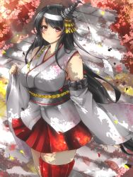 Rule 34 | 10s, 1girl, autumn, bare shoulders, black hair, breasts, detached sleeves, en (paorasuteki), female focus, floral print, fusou (kancolle), hair ornament, hairband, highres, kantai collection, large breasts, long hair, nontraditional miko, petals, red eyes, solo