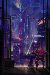 Rule 34 | 1girl, absurdres, bodysuit, brown hair, building, city, city lights, cityscape, d.va (overwatch), floating hair, from behind, full moon, headphones, heart, highres, holographic interface, landmark, long hair, mecha, meka (overwatch), moon, night, night sky, overwatch, overwatch 1, pilot suit, robot, sitting, sky, skyscraper, solo, star (sky)