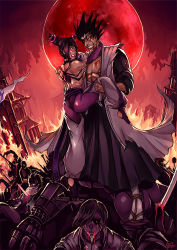 Rule 34 | 1girl, barefoot, beard, black hair, bleach, blood, blood from mouth, breasts, capcom, chinese clothes, corpse, crossover, deep wound, drill hair, dudou, eyepatch, facial hair, fingerless gloves, fire, full moon, gloves, grin, halterneck, han juri, hand on another&#039;s neck, hand on another&#039;s shoulder, haori, hetero, injury, japanese clothes, kachima, looking at another, medium breasts, moon, red moon, sandals, scar, severed head, sideboob, signature, silhouette, smile, spiked hair, stirrup legwear, street fighter, street fighter iv (series), sword, taichou haori, toeless legwear, toes, twin drills, vambraces, weapon, zaraki kenpachi