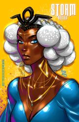 Rule 34 | 1girl, alternate hairstyle, big hair, blue dress, blue eyes, breasts, circlet, cleavage, collarbone, commentary, dark-skinned female, dark skin, dress, earrings, english commentary, eyelashes, gem, highres, jewelry, lips, looking at viewer, marcus williams, marvel, medium breasts, necklace, no bra, nose, pendant, plunging neckline, solo, storm (x-men), thick eyebrows, tiara, triangle earrings, very dark skin, white hair, x-men