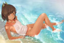 Rule 34 | 10s, 1girl, barefoot, beach, bottomless, breasts, brown eyes, brown hair, covered erect nipples, day, gradient background, hair ornament, highres, i-401 (kancolle), kantai collection, lying, naked shirt, no panties, on back, outdoors, partially submerged, ponytail, sand, see-through, shirt, small breasts, smile, solo, wa (genryusui), water, wet, wet clothes, wet shirt