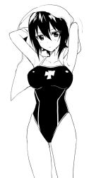 Rule 34 | 10s, 1girl, armpits, arms up, bad id, bad twitter id, blush, breasts, collarbone, competition swimsuit, cross, drying, drying hair, girls und panzer, greyscale, large breasts, looking at viewer, monochrome, nishizumi maho, one-piece swimsuit, saikawa yusa, short hair, sidelocks, solo, swimsuit, towel, wet