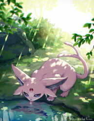 Rule 34 | artist name, creatures (company), drinking, espeon, forest, full body, game freak, gen 2 pokemon, grass, highres, kaminokefusa, nature, nintendo, no humans, outdoors, plant, pokemon, pokemon (creature), reflection, reflective water, solo, water