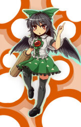 Rule 34 | 1girl, alternate footwear, arm cannon, black footwear, black hair, black thighhighs, black wings, bow, cape, center frills, collared shirt, feathered wings, frilled shirt collar, frilled skirt, frills, full body, green bow, green skirt, hair between eyes, hair bow, index finger raised, long hair, looking at viewer, mary janes, nicutoka, orange background, puffy short sleeves, puffy sleeves, red eyes, reiuji utsuho, shirt, shoes, short sleeves, simple background, skirt, solo, standing, standing on one leg, thighhighs, third eye on chest, touhou, weapon, white cape, white shirt, wings
