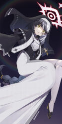 Rule 34 | arrow cross, black capelet, black footwear, black hair, borrowed character, braid, braided ponytail, capelet, celtic cross, coif, cross, cross fitchy, doll joints, facial mark, gradient background, habit, halo, highres, hourglass, joints, looking at viewer, multicolored hair, murata tefu, nun, original, parted lips, simple background, stole, twitter username, two-tone hair, veil, violet (ac8231), white hair, yellow eyes