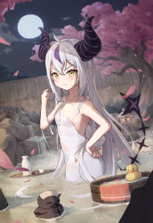 Rule 34 | 1girl, absurdres, ahoge, alcohol, blush, braid, cup, drink, falling petals, flat chest, hair between eyes, hand on own hip, highres, holding, holding cup, hololive, horns, la+ darknesss, long hair, looking at viewer, moon, multicolored hair, naked towel, night, onsen, orenji (user fknw7775), partially submerged, petals, pointy ears, rock, sake, sidelocks, smile, solo, streaked hair, tail, towel, towel slip, tree, virtual youtuber, white hair, yellow eyes