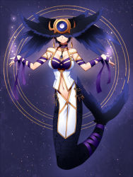 Rule 34 | 1girl, breasts, commentary request, covered eyes, earrings, facing viewer, full body, head wings, headpiece, jewelry, konshin, large breasts, magic circle, mermaid, monster girl, navel, necklace, original, outstretched arms, purple background, smile, solo, spread arms, wings