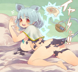 Rule 34 | 1girl, animal, animal ears, ass, bare arms, bare legs, barefoot, basket, bed, bed sheet, breasts, capelet, diamond (shape), dress, electricity, eyebrows, flying sweatdrops, grey dress, grey hair, jewelry, large breasts, lying, mouse (animal), mouse ears, mouse tail, nazrin, no bra, no panties, on bed, on stomach, pendant, pillow, red eyes, short hair, solo, tail, tail raised, teeth, torn clothes, torn dress, touhou, tsuutenkaaku, white capelet
