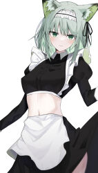 Rule 34 | 1girl, absurdres, alternate costume, animal ear fluff, animal ears, apron, arknights, black dress, black ribbon, blush, cat ears, cat girl, closed mouth, dress, enmaided, frilled apron, frills, green eyes, green hair, hair ribbon, highres, holding, holding clothes, holding dress, kal&#039;tsit (arknights), looking at viewer, maid, maid apron, maid headdress, midriff, navel, puffy sleeves, ribbon, short hair, solo, standing, touko (toko12 tooko), waist apron, white apron, wrist cuffs