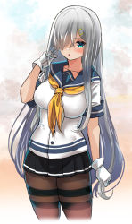 Rule 34 | 1girl, absurdres, alternate hair length, alternate hairstyle, black pantyhose, black skirt, blue eyes, breasts, cowboy shot, gloves, grey sailor collar, hair ornament, hair over one eye, hairclip, hamakaze (kancolle), hey taisyou, highres, kantai collection, large breasts, long hair, neckerchief, pantyhose, pleated skirt, sailor collar, school uniform, serafuku, short sleeves, simple background, skirt, solo, standing, thigh strap, white background, white gloves, white hair, yellow neckerchief