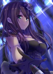 Rule 34 | 1girl, absurdres, bare shoulders, black dress, black gloves, black gothic dress (idolmaster), breasts, brown hair, collarbone, commentary request, dress, earrings, flower, foreshortening, frills, gloves, green eyes, hair flower, hair ornament, highres, idolmaster, idolmaster cinderella girls, idolmaster cinderella girls starlight stage, jewelry, long hair, looking at viewer, medium breasts, microphone, outstretched hand, shibuya rin, smile, solo, standing, upper body, yagitani hitsuji