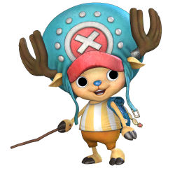 Rule 34 | 1boy, 3d, absurdres, animal ears, antlers, backpack, bag, barefoot, full body, hat, highres, horns, male focus, official art, one piece, one piece: pirate warriors, reindeer, shirt, shorts, simple background, solo, stick, striped clothes, striped shirt, tony tony chopper, white background, x (symbol)