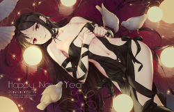 Rule 34 | 1girl, bird, black dress, black hair, breasts, breasts apart, center opening, choker, collarbone, crossed legs, dated, dress, ear piercing, earrings, fate/grand order, fate (series), happy new year, highres, jewelry, long hair, looking at viewer, lying, medium breasts, navel, new year, on back, parted lips, piercing, red eyes, revealing clothes, shadowgrave, solo, strapless, strapless dress, very long hair, watermark, web address, yu mei-ren (fate)