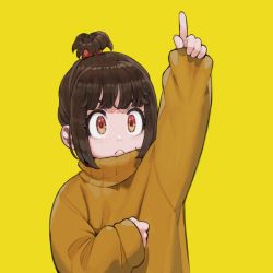 Rule 34 | 1girl, brown eyes, brown hair, child, closed mouth, commentary request, highres, index finger raised, jun (navigavi), little sister (navigavi), long sleeves, medium hair, original, pointing, pointing up, sidelocks, simple background, sleeves past wrists, solo, sparkling eyes, sweater, upper body, yellow background