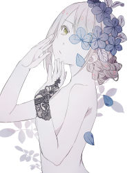 Rule 34 | 1girl, asymmetrical hair, black gloves, blue flower, braid, breasts, fingerless gloves, flower, from side, fumio (kanmi), gloves, green eyes, grey hair, hair between eyes, hair flower, hair ornament, hands up, highres, leaf, leaf background, looking at viewer, medium breasts, nude, original, parted lips, simple background, single glove, solo, upper body, white background