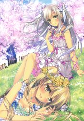 Rule 34 | 2girls, :d, absurdres, bench, blonde hair, breasts, brown eyes, cherry blossoms, cleavage, collarbone, dress, fence, field, flower, flower field, flower wreath, grass, grey hair, highres, looking at viewer, lying, meadow, medium breasts, motomiya mitsuki, multiple girls, on side, open mouth, plant, sitting, small breasts, smile, tree, two side up