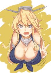Rule 34 | + +, 10s, 1girl, :d, bad id, bad pixiv id, bare shoulders, blonde hair, breasts, cleavage, grey eyes, headgear, huge breasts, iowa (kancolle), kantai collection, long hair, looking at viewer, open mouth, smile, solo, star-shaped pupils, star (symbol), symbol-shaped pupils, teeth, v, wulazula