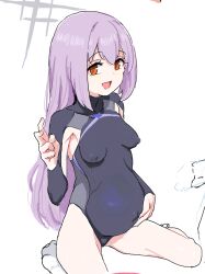 Rule 34 | 1girl, :d, atsuko (blue archive), blue archive, clearite, covered erect nipples, halo, lactation, lactation through clothes, leotard, long hair, looking at viewer, open mouth, pregnant, purple hair, red eyes, simple background, smile, socks, solo, white background, white socks