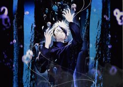 Rule 34 | 1boy, black background, black jacket, blindfold, blue background, blue eyes, blue theme, bubble, gojou satoru, hair between eyes, hands up, high collar, highres, jacket, jujutsu kaisen, long sleeves, looking up, male focus, one eye covered, open hands, short hair, solo, two-tone background, upper body, white hair, yud79317724