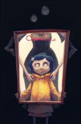Rule 34 | black background, black dress, blue hair, button eyes, buttons, coraline, coraline jones, covered face, darkness, dress, head out of frame, holding portrait, koto inari, long arms, looking at viewer, other mother, portrait (object), puffy short sleeves, puffy sleeves, scared, short sleeves, skinny, yellow raincoat