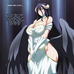 Rule 34 | 1girl, ahoge, albedo (overlord), areola slip, black hair, blush, breasts, collar, collared dress, demon girl, dress, elbow gloves, gloves, highres, hip vent, horns, jadf, large breasts, long hair, off-shoulder dress, off shoulder, overlord (maruyama), pregnant, translated, white dress, wings, yellow eyes