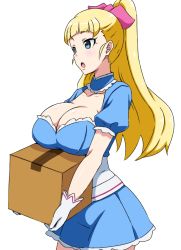 Rule 34 | 10s, 1girl, akiba&#039;s trip, akiba&#039;s trip the animation, arisa ahokainen, blonde hair, blue eyes, blush, breast rest, breasts, cleavage, cowboy shot, dress, hair ribbon, large breasts, long hair, looking to the side, open mouth, package, ponytail, ribbon, shiny skin, solo, tawashi1623, white background