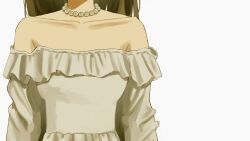 1girl bare_shoulders collarbone dress highres jewelry lifejam_403 long_sleeves mari_(faraway)_(omori) mari_(omori) necklace off-shoulder_dress off_shoulder omori pearl_necklace simple_background solo thumbnail_collage white_background white_dress