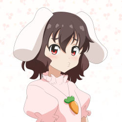 Rule 34 | 1girl, animal ears, brown hair, carrot necklace, cato (monocatienus), cherry background, commentary, dress, floppy ears, hair between eyes, highres, inaba tewi, jewelry, looking at viewer, medium hair, necklace, o3o, pink dress, puffy short sleeves, puffy sleeves, rabbit ears, red eyes, short sleeves, simple background, solo, touhou, upper body, wavy hair, white background