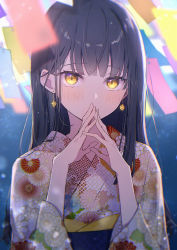 Rule 34 | 1girl, black hair, blurry, blush, covering own mouth, earrings, flat chest, floral print, hands up, highres, japanese clothes, jewelry, kimono, long hair, looking at viewer, necojishi, obi, original, own hands together, paper, sash, solo, straight hair, tanabata, tanzaku, upper body, yellow eyes, yukata
