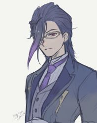 Rule 34 | 1boy, butler, closed mouth, formal, glasses, gloves, hair slicked back, hameln (sinoalice), male focus, multicolored hair, necktie, red eyes, ren-co, simple background, sinoalice, sketch, smirk, solo, suit, two-tone hair, white background, white gloves