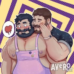 Rule 34 | 2boys, apron, avero art, bara, bare pectorals, beard, behind another, belly, black hair, brown hair, couple, facial hair, fat, fat man, full beard, furrowed brow, hand on another&#039;s shoulder, heart, highres, large pectorals, male focus, mature male, melting heart, multiple boys, muscular, muscular male, nipples, nose piercing, nose ring, o o, obese, original, pectorals, piercing, pink apron, seductive smile, short hair, smile, spoken heart, thick beard, thick eyebrows, thick mustache, upper body, whispering, yaoi