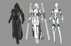 Rule 34 | 1girl, arm blade, armor, arms at sides, black skin, breasts, closed eyes, colored skin, floating, floating object, floating weapon, full body, grey background, halo, joints, long legs, medium breasts, narrow waist, no feet, original, pelvic curtain, robot girl, robot joints, shirousagi uyu, small breasts, variations, weapon, white skin