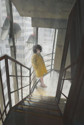 Rule 34 | 1girl, :|, absurdres, against railing, barefoot, black hair, building, city, cityscape, closed mouth, coat, expressionless, feet, from side, hair between eyes, hands in pockets, highres, long sleeves, looking at viewer, original, puddle, pulmo (artist), railing, rain, rain poncho, ripples, satellite dish, scenery, shadow, short hair, solo, stairs, stairwell, standing, wide shot, yellow coat, yellow eyes