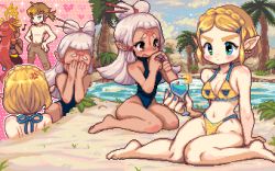 Rule 34 | 1boy, 3girls, alternate costume, anger vein, aqua eyes, bare legs, barefoot, bikini, blonde hair, blue eyes, blue one-piece swimsuit, blue sky, blush, blush stickers, braid, breasts, brown eyes, brown pants, christy frisby, cleavage, closed mouth, cloud, cloudy sky, commentary, covering face, crown braid, dark-skinned female, dark skin, earrings, english commentary, facial mark, fingers together, forehead mark, full body, gerudo, hair ornament, hair stick, hairclip, hands on own hips, headpiece, heart, index fingers together, jewelry, link, long hair, medium breasts, midriff, multiple girls, multiple views, musical note, navel, nintendo, one-piece swimsuit, open mouth, pants, parted bangs, paya (zelda), pixel art, pointy ears, pond, ponytail, pout, princess zelda, red hair, riju, sand, short hair, silver hair, sitting, sky, sparkle, swimsuit, the legend of zelda, the legend of zelda: breath of the wild, the legend of zelda: tears of the kingdom, thick eyebrows, thighs, topless male, tree, triforce print, yellow bikini