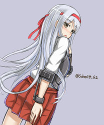 Rule 34 | 10s, 1girl, blush, brown hair, from behind, headband, japanese clothes, kantai collection, long hair, looking at viewer, looking back, muneate, pleated skirt, red skirt, shoukaku (kancolle), silver hair, skirt, solo, twitter username, yakob labo