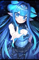 Rule 34 | 1girl, black bow, blue dress, blue eyes, blue hair, bow, breasts, cleavage, cleavage cutout, clothing cutout, collared shirt, commentary, diamond (shape), diamond hair ornament, dress, english commentary, frills, hand on own hip, highres, horns, ketopon, light blush, medium breasts, multiple horns, night, night sky, open hand, original, pale skin, pointy ears, reaching, reaching towards viewer, shirt, sky, sleeveless, sleeveless shirt, slit pupils, smile, star (sky), tiara