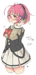 Rule 34 | 1girl, absurdres, ahoge, blouse, bow, bowtie, breasts, commentary request, corset, cropped legs, glasses, green shirt, green hair, grey sailor collar, grey skirt, highres, juliet sleeves, kantai collection, large breasts, long sleeves, multicolored hair, one-hour drawing challenge, pink-framed eyewear, pink hair, pleated skirt, ponytail, puffy sleeves, red bow, red eyes, rom (rommmoon), sailor collar, sailor shirt, school uniform, serafuku, shirt, short hair, simple background, skirt, solo, streaked hair, ume (kancolle), white background