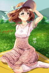 Rule 34 | 1girl, absurdres, arm behind head, blanket, blush, breasts, brown hair, collarbone, curly hair, dated, grass, hat, hibike! euphonium, highres, huge filesize, kaije7, kneehighs, kyoto animation, looking to the side, no shoes, oumae kumiko, outdoors, pink shirt, plaid, plaid skirt, shadow, shirt, short hair, sitting, skirt, small breasts, smile, socks, solo, sun hat, suspender skirt, suspenders, wariza, yellow eyes