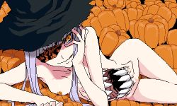 Rule 34 | 1girl, chest mouth, extra mouth, eyepatch, halloween, hat, ifuji shinsen, long hair, lowres, monster girl, nude, oekaki, pumpkin, smile, solo, stomach mouth, thigh gap, white hair, witch hat, yellow eyes