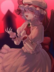 Rule 34 | 1girl, ascot, back bow, bat wings, bow, brooch, cowboy shot, fangs, fingernails, frilled shirt, frilled shirt collar, frilled skirt, frills, from side, hair between eyes, hat, hat ribbon, highres, hiota (kuhi 0301), jewelry, looking at viewer, mob cap, moon, nail polish, open mouth, outdoors, pink shirt, pink skirt, puffy short sleeves, puffy sleeves, purple hair, red ascot, red bow, red eyes, red moon, red nails, red ribbon, red theme, remilia scarlet, ribbon, scarlet devil mansion, sharp fingernails, shirt, short hair, short sleeves, skirt, solo, teeth, touhou, upper teeth only, white hat, wings, wrist cuffs