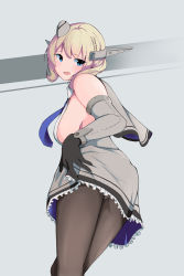 Rule 34 | 1girl, akinoji (akiponpon27), black gloves, black pantyhose, blonde hair, blue eyes, blue necktie, braid, breasts, capelet, colorado (kancolle), commentary request, cowboy shot, dress, elbow gloves, from behind, garrison cap, gloves, grey background, grey dress, grey hat, hat, headgear, highres, kantai collection, large breasts, looking at viewer, looking back, necktie, panties, panties under pantyhose, pantyhose, pantyshot, pleated dress, shirt, short hair, side braids, sideboob, simple background, sleeveless, solo, underwear, white shirt