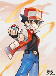 1boy artist_name belt black_belt black_gloves black_hair black_shirt blue_pants brown_eyes closed_mouth commentary creatures_(company) fingerless_gloves game_freak gloves hat holding holding_poke_ball jacket looking_at_viewer male_focus nintendo open_clothes open_jacket orlek pants poke_ball poke_ball_(basic) pokemon pokemon_rgby red_(pokemon) red_hat shirt short_sleeves solo