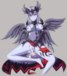 Rule 34 | 1girl, aftersex, barefoot, blue skin, blush, breasts, colored skin, cross, cum, cum in pussy, dark valkyrie (monster girl encyclopedia), feathers, feet, female focus, grey hair, image sample, jewelry, leg tattoo, loincloth, md5 mismatch, minase (takaoka nanase), monster girl, monster girl encyclopedia, monster girl encyclopedia ii, necklace, nipples, pale skin, pixiv sample, pointy ears, purple eyes, pussy, resized, smile, solo, spread legs, tattoo, uncensored, wings
